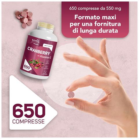 Cranberry + Vitamina C 650 Compresse - Mirtillo Rosso e Vitamina C - Vie Urinarie, Drenaggio e Azione Antiossidante (Confezione doppia) - Foto 5