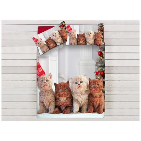 Parure Copripiumino Sacco Piumino Letto 100% Cotone Sogni D''oro Disegno Gatti Natale Dis. 69 Matrimoniale Gatti Natale - Foto 1
