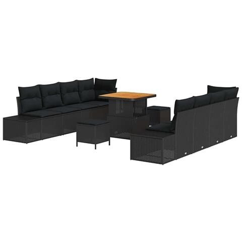 Set di Divani da Giardino 11 Pezzi con Cuscini Rattan Poly Nero Acacia, Divano da Giardino a 2 Posti con Cuscini Rattan Poly Nero, Set da Pranzo da Giardino 3 Pezzi con Cuscini Rattan Poly Nero Acacia - Foto 1