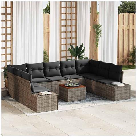 Set Divani Giardino 10 Pezzi con Cuscini Grigio in Rattan Polietilene Acacia - Foto 2