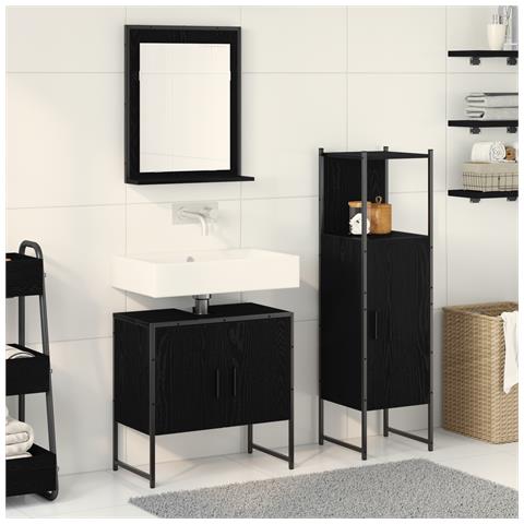 Set di mobile da bagno a 3 pezzi in legno ingegnerizzato effetto rovere nero - Foto 2