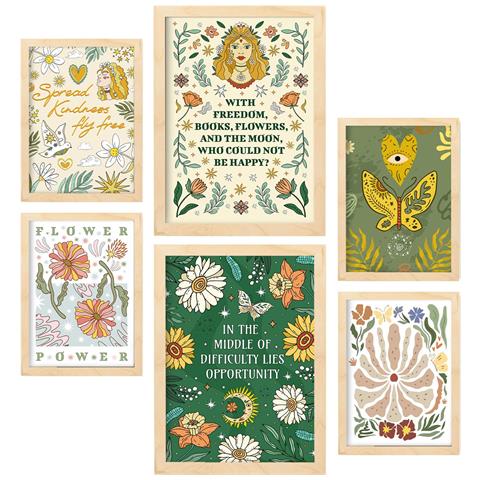 Set Di 6 Stampe Stampa Con Gentilezza Nelle Cornici Decorative Brillanti E Alla Moda Per La Tua Casa. Stampa Artistica Da Parete A3 & A4 Telaio In Legno Chiaro - Foto 1