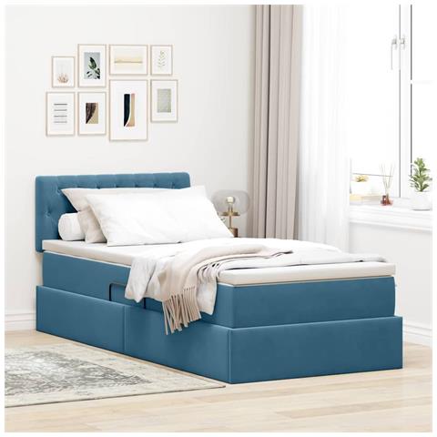 Letto con contenitore e LED Blu Scuro 100 x 200 cm Velluto - Foto 2