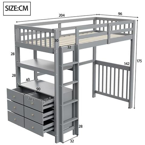 Letto A Soppalco 90x200cm, Scala Di Sicurezza, Cassetti E Ripiani, Letto Singolo, Grigio - Foto 2