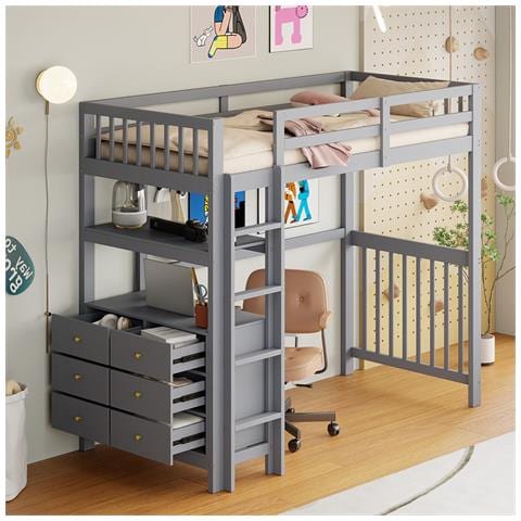 Letto A Soppalco 90x200cm, Scala Di Sicurezza, Cassetti E Ripiani, Letto Singolo, Grigio - Foto 1