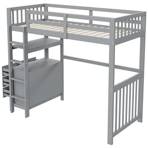 Letto A Soppalco 90x200cm, Scala Di Sicurezza, Cassetti E Ripiani, Letto Singolo, Grigio - Foto 4