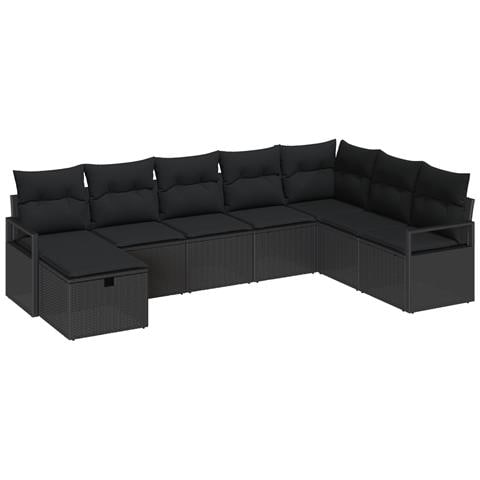 Set di divani da giardino a 8 pezzi con cuscini in polyrattan nero,  Divano da giardino per 2 persone con cuscini in polyrattan nero - Foto 1