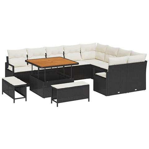Set di Divano da Giardino  in 12 Pezzi con Cuscini Rattan Sintetico Nero e Acacia, Set di Pranzo da Giardino  in 3 Pezzi con Cuscini Rattan Sintetico Nero e Acacia, Divano da Giardino in 2 Pezzi con Cuscini Rattan Sintetico Nero - Foto 1