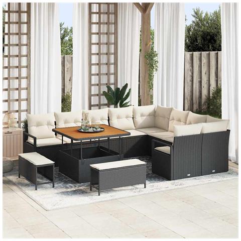 Set di Divano da Giardino  in 12 Pezzi con Cuscini Rattan Sintetico Nero e Acacia, Set di Pranzo da Giardino  in 3 Pezzi con Cuscini Rattan Sintetico Nero e Acacia, Divano da Giardino in 2 Pezzi con Cuscini Rattan Sintetico Nero - Foto 2