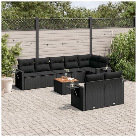 Set Divani da Giardino 9 pz con Cuscini Nero in Polyrattan - Foto 2