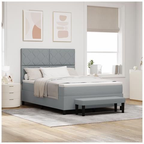 Letto con Box Spring con Materasso e Panchina Grigio Chiaro 140x200 cm Tessuto - Foto 2