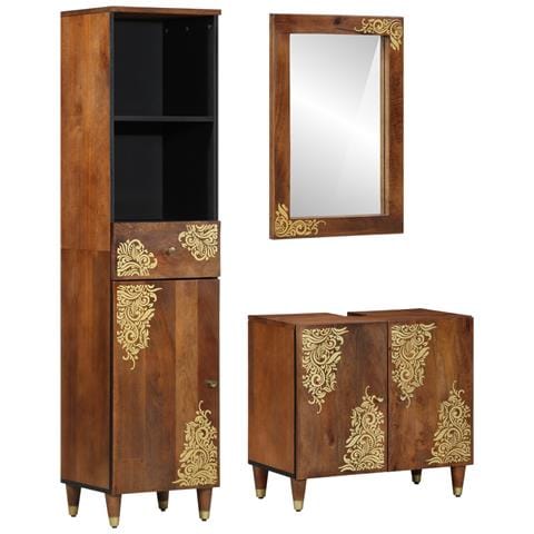 Set di Mobili da Bagno  3 Pezzi Legno Massello di Mango Grezzo, Armadio per Lavabo  62x33x58 cm Legno Massello di Mango, Specchio da Bagno  50x70x3 cm Legno Massello di Mango, Credenza  38x33x160 cm Legno Massello di Mango - Foto 1