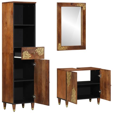 Set di Mobili da Bagno  3 Pezzi Legno Massello di Mango Grezzo, Armadio per Lavabo  62x33x58 cm Legno Massello di Mango, Specchio da Bagno  50x70x3 cm Legno Massello di Mango, Credenza  38x33x160 cm Legno Massello di Mango - Foto 2