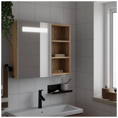 Armadietto Bagno con Specchio e LED Rovere 60x13x52 cm - Foto 2