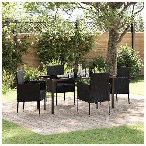 Set da Pranzo per Giardino con cuscino 5 pcs Nero Poly Rattan - Foto 2
