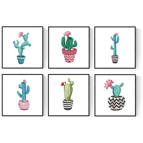 Set Di 6 Stampe Foglie Illustrate Di Cactus, Sei Foglie 20x20 Cornice Nera - Foto 1