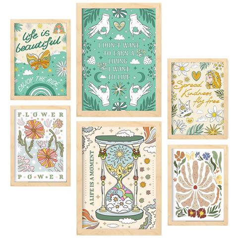 Set Di 6 Stampe Stampa Di Poster ""live In Brilliant Groovy Style"" Con Cornici Decorative Per Stampe Artistiche Da Parete Per La Casa A3 & A4 Telaio In Legno Chiaro - Foto 1