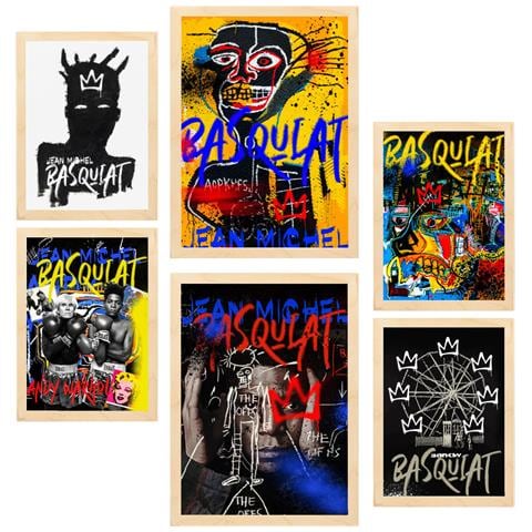 Set Di 6 Stampe Iconico Graffiti Di Basquiat In Stile Pop Art Incorniciato Con Illustrazioni Di Design Per La Casa, Il Negozio E La Pittura A3 & A4 Telaio In Legno Chiaro - Foto 1