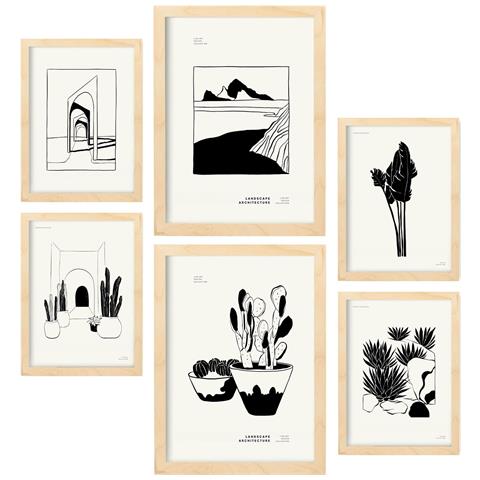 Set Di 6 Stampe Cactus In Vaso Con Inchiostro Nero, Stampe Artistiche E Astratte Per L'interior Design A3 & A4 Telaio In Legno Chiaro - Foto 1