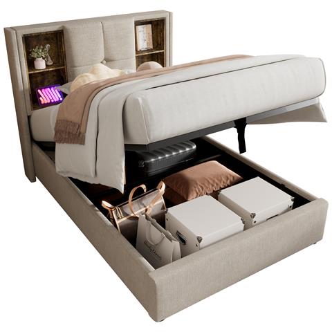 Letto Singolo Con Ricarica Wireless E Spazio Di Stoccaggio In Lino Naturale - Foto 1