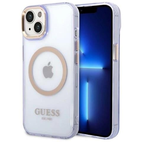 Guess Guhmp14shtcmu Custodia Per Iphone 14 6,1 Viola /viola Con Bordo Dorato Traslucido Magsafe - Foto 1