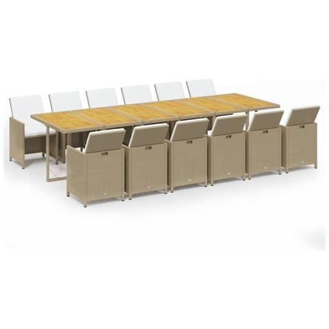 Set Da Pranzo Per Giardino 13pz Con Cuscini In Polyrattan Beige - Foto 1