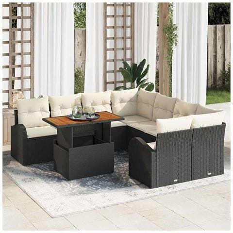 Set da Pranzo Giardino con Cuscini Neri in Polyrattan e Acacia - Foto 2