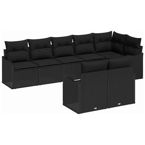 Set di divani da giardino a 8 pezzi con cuscini in polyrattan nero, Divano da giardino per 2 persone con cuscini in polyrattan nero - Foto 1