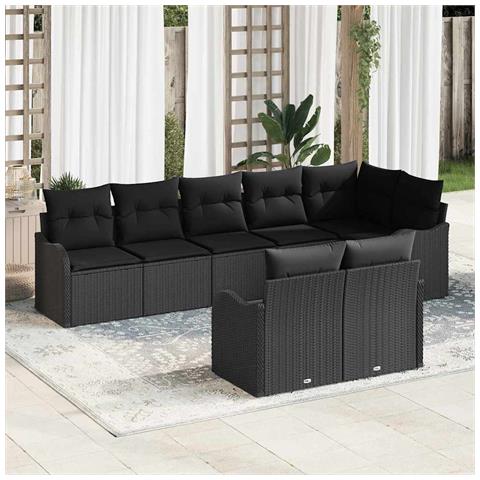 Set di divani da giardino a 8 pezzi con cuscini in polyrattan nero, Divano da giardino per 2 persone con cuscini in polyrattan nero - Foto 2