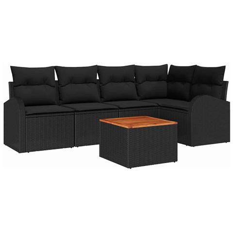 Set Divano da Giardino da 6 Pezzi con Cuscini Nero Polyrattan Acacia - Foto 1