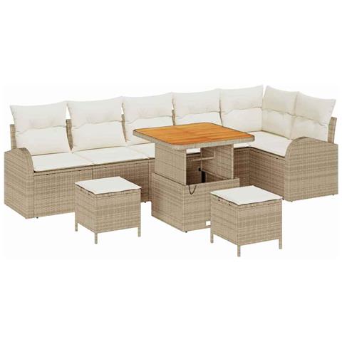 Set Divano Giardino 9 Pezzi con Cuscini Beige Rattan Sintetico Acacia, Divano Giardino 2 Posti con Cuscini Beige Rattan Sintetico, Set da Pranzo Giardino 3 Pezzi con Cuscini Beige Rattan Sintetico Acacia - Foto 1