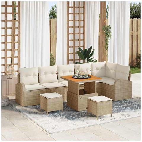 Set Divano Giardino 9 Pezzi con Cuscini Beige Rattan Sintetico Acacia, Divano Giardino 2 Posti con Cuscini Beige Rattan Sintetico, Set da Pranzo Giardino 3 Pezzi con Cuscini Beige Rattan Sintetico Acacia - Foto 2