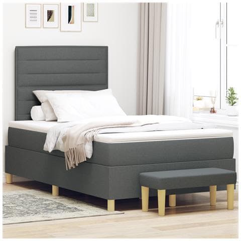 Letto con Box Spring con Materasso e Panchina Grigio Scuro 120x190 cm Tessuto - Foto 2