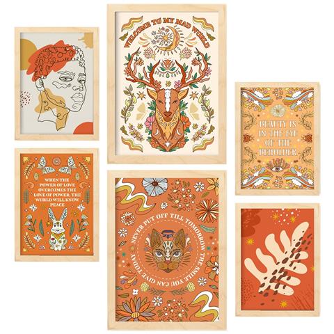 Set Di 6 Stampe Stampa Di Arancione In Stile Brillante E Groovy, Collezione Di Cornici Decorative Per Stampe Artistiche Da Parete Per La Casa A3 & A4 Telaio In Legno Chiaro - Foto 1
