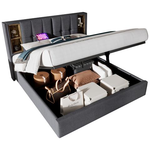 Letto Matrimoniale Con Ricarica Wireless E Usb In Cotone Grigio Elegante - Foto 1