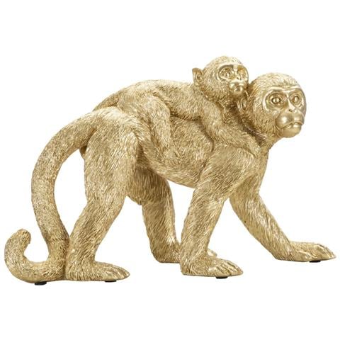 Scultura Scimmia Mamma Con Cucciolo In Resina Dorata - Foto 1