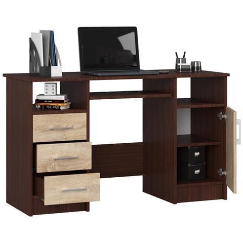 Scrivania ANA, 1 anta e 3 cassetti, 124x52x74 cm, Colore Weng? e Sonoma Quercia - Foto 2
