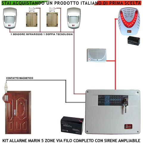 Impianto Antifurto Kit Marin Centrale A 5 Zone 2 Sensori Di Movimento 2 Contatti Magnetici 1 Contatto Magnetico Per In - Foto 1