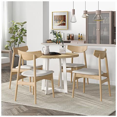 Tavolo Da Pranzo Rotondo Moderno Per 4 Persone, Ø100x75cm, Legno Naturale E Bianco - Foto 6