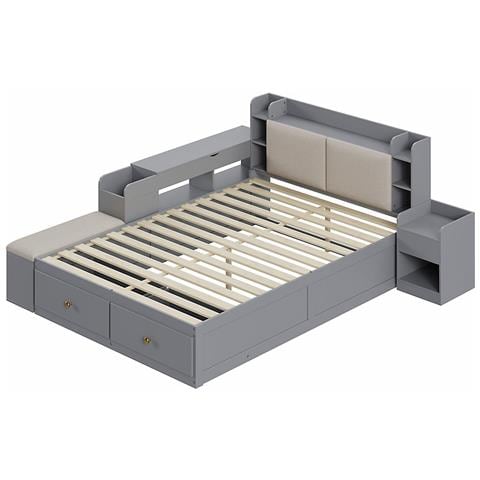 Letto Contenitore 140x200cm, Letto Combinato In Legno Massiccio, Letto Contenitore Matrimoniale, Grigio - Foto 4