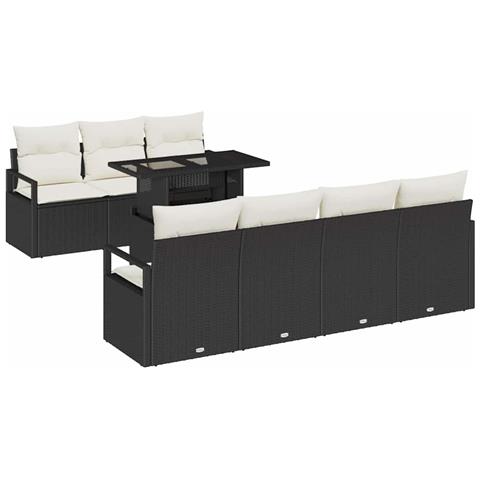 Set di divani da giardino a 8 pezzi con cuscini in rattan polietilene nero,  Divano da giardino a 2 posti con cuscini in rattan polietilene nero - Foto 1