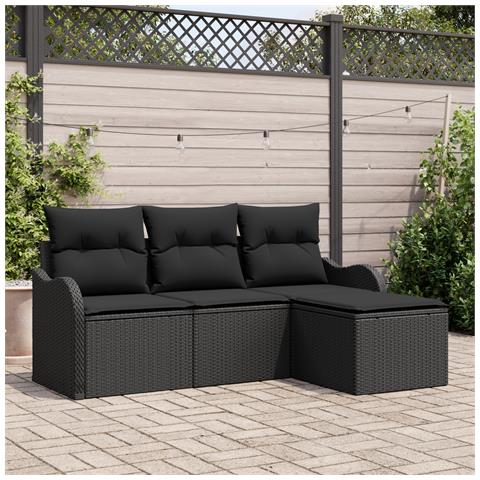Set di Divano da Giardino  in 4 Pezzi con Cuscini Rattan Poliestere Nero, Divano da Giardino a 2 Posti  con Ripostiglio e Cuscini Rattan Poliestere Nero - Foto 2