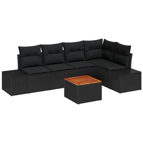 Set Divano da Giardino da 6 Pezzi con Cuscini Nero Polyrattan Acacia - Foto 1