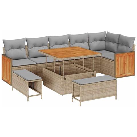 Set Divano Giardino 9 Pezzi con Cuscini Beige Rattan Sintetico Acacia, Divano Giardino 2 Posti con Cuscini Beige Rattan Sintetico, Set Pranzo Giardino 3 Pezzi con Cuscini Beige Rattan Sintetico Acacia - Foto 1