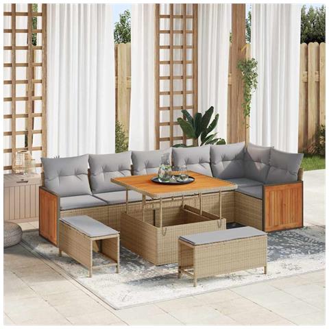 Set Divano Giardino 9 Pezzi con Cuscini Beige Rattan Sintetico Acacia, Divano Giardino 2 Posti con Cuscini Beige Rattan Sintetico, Set Pranzo Giardino 3 Pezzi con Cuscini Beige Rattan Sintetico Acacia - Foto 2
