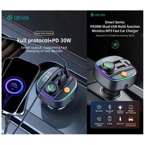 Vivavoce e Carica 30W per auto FM Bluetooth 5.3 con lettore Mp3 e Pendrive - Foto 1