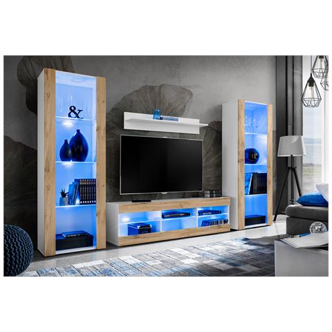 Komodee, Set di mobili porta TV Tivoli Grande RTV, Bianco Wotan, LED Blu, Larghezza 250 cm x Altezza 159 cm x Profondità 35 cm, Per soggiorno, Camera da letto - Foto 2