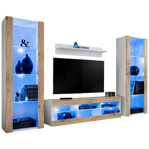 Komodee, Set di mobili porta TV Tivoli Grande RTV, Bianco Wotan, LED Blu, Larghezza 250 cm x Altezza 159 cm x Profondità 35 cm, Per soggiorno, Camera da letto - Foto 1