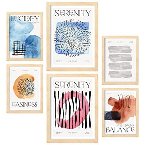 Set Di 6 Stampe Poster Astratti E Calmi Con Illustrazioni A Colori Per Mostre D'arte Estetica A3 & A4 Telaio In Legno Chiaro - Foto 1