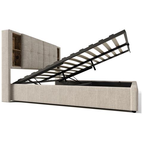 Letto Matrimoniale Con Ricarica Wireless E Stoccaggio In Lino Naturale - Foto 2